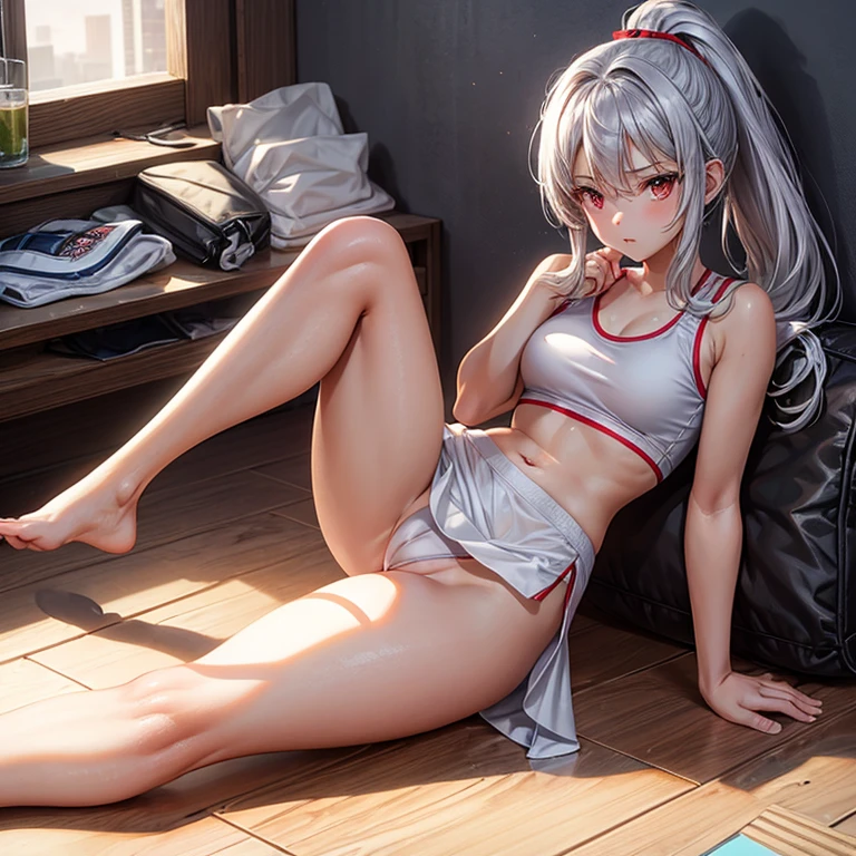 , school girl, sports bra, short , ponytail, fit clothes, red eyes, silver hair, camel toe,Lying with legs spread, Translucent dress,