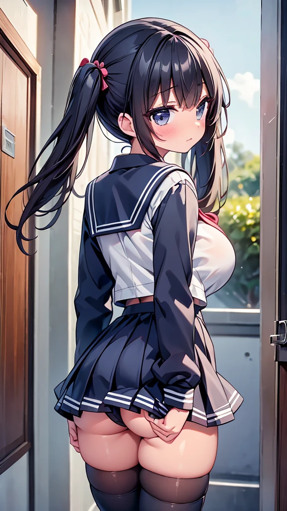 highest quality,wonderful,finely,extremely detailed CG Unity 8K wallpaper, (sex from behind:1.2), (1 girl, black hair,twin tails, clothed),(huge breasts:1.1),(sailor suit:1.3), (zettai ryouiki:1.4)