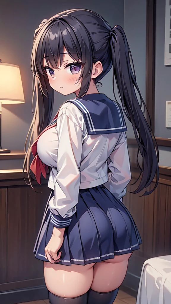 highest quality,wonderful,finely,extremely detailed CG Unity 8K wallpaper, (sex from behind:1.2), (1 girl, black hair,twin tails, clothed),(huge breasts:1.1),(sailor suit:1.3), (zettai ryouiki:1.4)