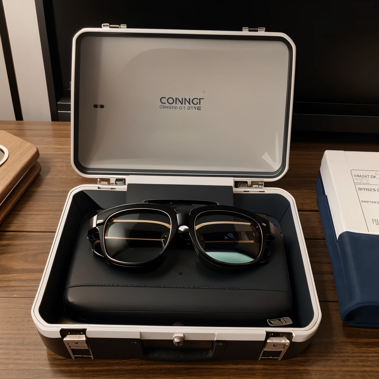 smart glasses, chargeable inside the case. has a built-in camera on the frames that is barely visible
