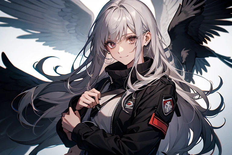 (confused, High resolution, Super detailed), 1 female, silver hair,long hair,reddish brown eyes,black pilot jacket,Black and white suit,20th generation,Beautiful woman,shy smile,thin,Are thin,quiet,Calm,Carrying a white raven,Accompanied by many white raven,