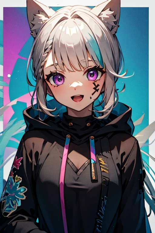 masterpiece, high quality, highres, absurdres, ultra-detailed, 8k, 1girl, platinum grey hair, blue hair, multicolored hair, gradient hair, looking at viewer, colorful eyes, colorful hoodie, (graffiti murals wall background:1.15), brilliant colorful paintings, bloom, portrait, open mouth, waist bag, against wall, bangs, shadow, reflection, Graffiti face, colourful eyes, open mouth, yandere expression, smile, look at viewer