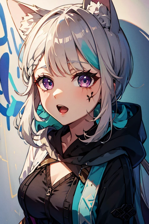 masterpiece, high quality, highres, absurdres, ultra-detailed, 8k, 1girl, platinum grey hair, blue hair, multicolored hair, gradient hair, looking at viewer, colorful eyes, colorful hoodie, (graffiti murals wall background:1.15), brilliant colorful paintings, bloom, portrait, open mouth, waist bag, against wall, bangs, shadow, reflection, Graffiti face, colourful eyes, open mouth, yandere expression, smile, look at viewer