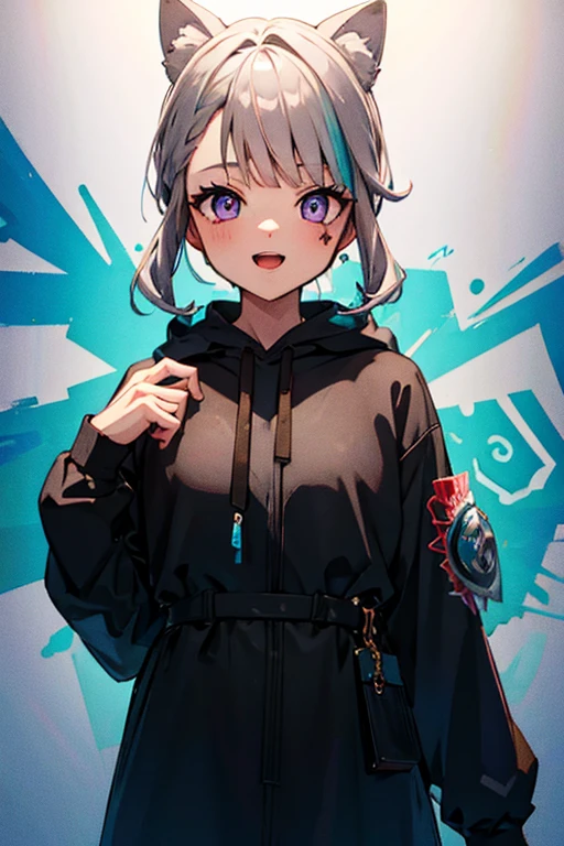 masterpiece, high quality, highres, absurdres, ultra-detailed, 8k, 1girl, platinum grey hair, blue hair, multicolored hair, gradient hair, looking at viewer, colorful eyes, colorful hoodie, (graffiti murals wall background:1.15), brilliant colorful paintings, bloom, portrait, open mouth, waist bag, against wall, bangs, shadow, reflection, Graffiti face, colourful eyes, open mouth, yandere expression, smile, look at viewer