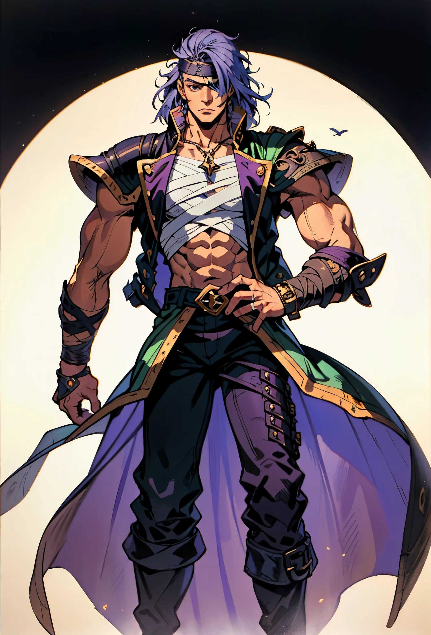 A man with medium-length fluffy lavender-blue hair parted in the middle, his upper face obscured by bandage eye patch, a square face, a wild expression, a sturdy physique, clad in a fantasy-style wild sleeveless coat with leather light armor, a gemstone belt cinches his waist, he wears wrist guards, cargo pants, one hand on his hip gripping the belt, the backdrop of a desolate island where countless black birds soar, this character embodies a finely crafted fantasy pirate-style overlord in anime style, exquisite and mature manga art style, high definition, best quality, highres, ultra-detailed, ultra-fine painting, extremely delicate, professional, perfect body proportions, golden ratio, anatomically correct, symmetrical face, extremely detailed eyes and face, high quality eyes, creativity, RAW photo, UHD, 32k, Natural light, cinematic lighting, masterpiece-anatomy-perfect, masterpiece:1.5