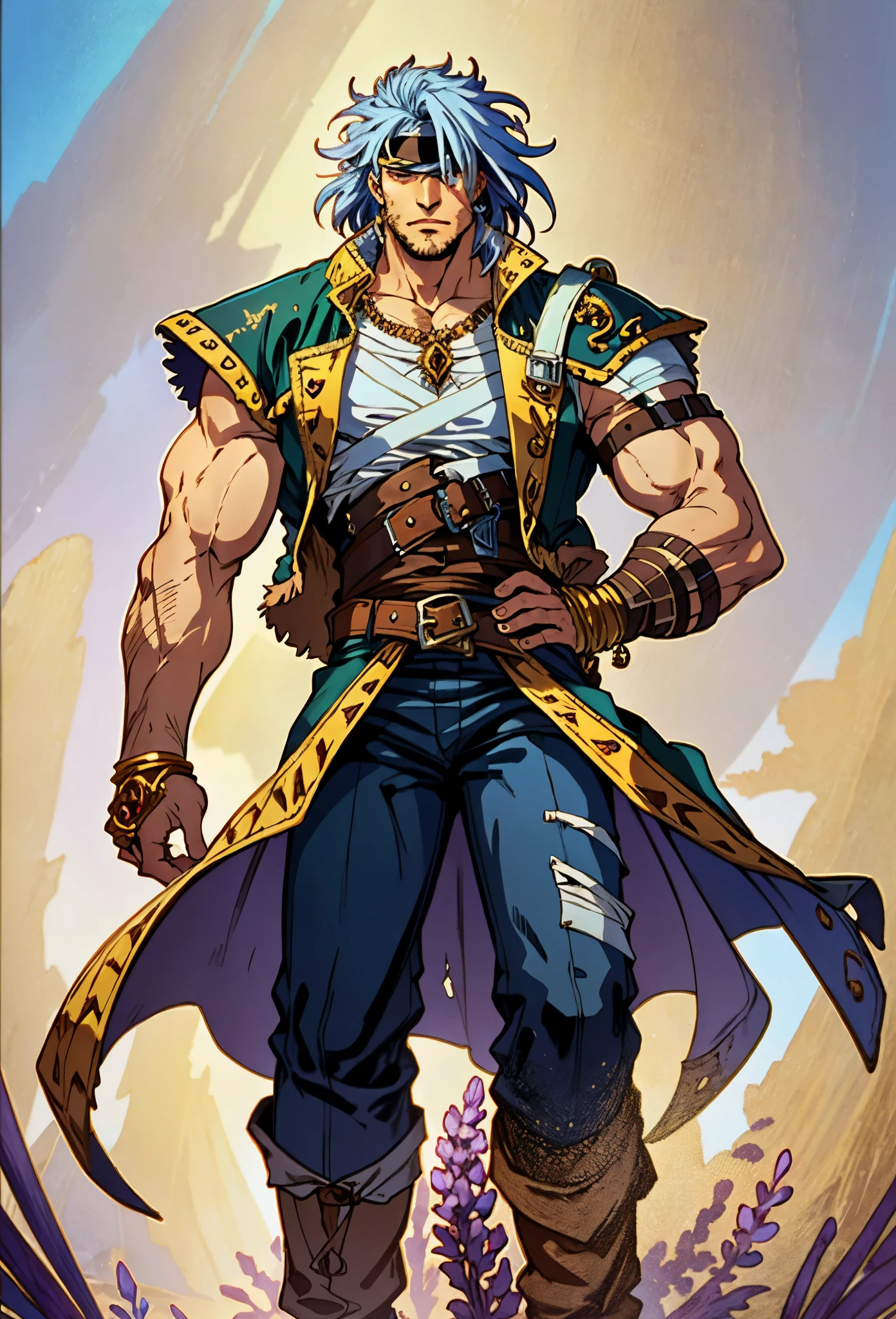 A man with medium-length fluffy lavender-blue hair parted in the middle, his upper face obscured by bandage eye patch, a square face, a wild expression, a sturdy physique, clad in a fantasy-style wild sleeveless coat with leather light armor, a gemstone belt cinches his waist, he wears wrist guards, cargo pants, one hand on his hip gripping the belt, the backdrop of a desolate island where countless black birds soar, this character embodies a finely crafted fantasy pirate-style overlord in anime style, exquisite and mature manga art style, high definition, best quality, highres, ultra-detailed, ultra-fine painting, extremely delicate, professional, perfect body proportions, golden ratio, anatomically correct, symmetrical face, extremely detailed eyes and face, high quality eyes, creativity, RAW photo, UHD, 32k, Natural light, cinematic lighting, masterpiece-anatomy-perfect, masterpiece:1.5