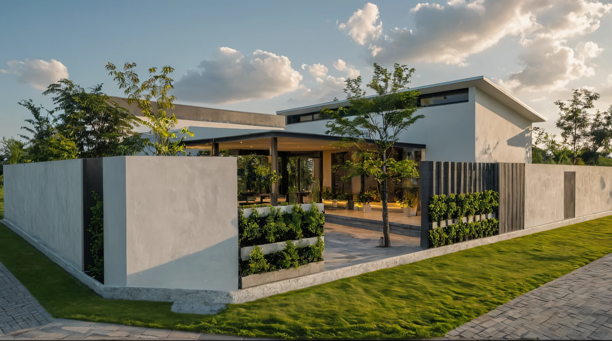 Masterpiece, high quality, best quality, authentic, super detail, outdoors, onestoreyvillaXL, aiaigroup, house style modern on the street ,stairs, white wall ,road,pavement, grass, trees, sky, cloud, (daylight:1.1)