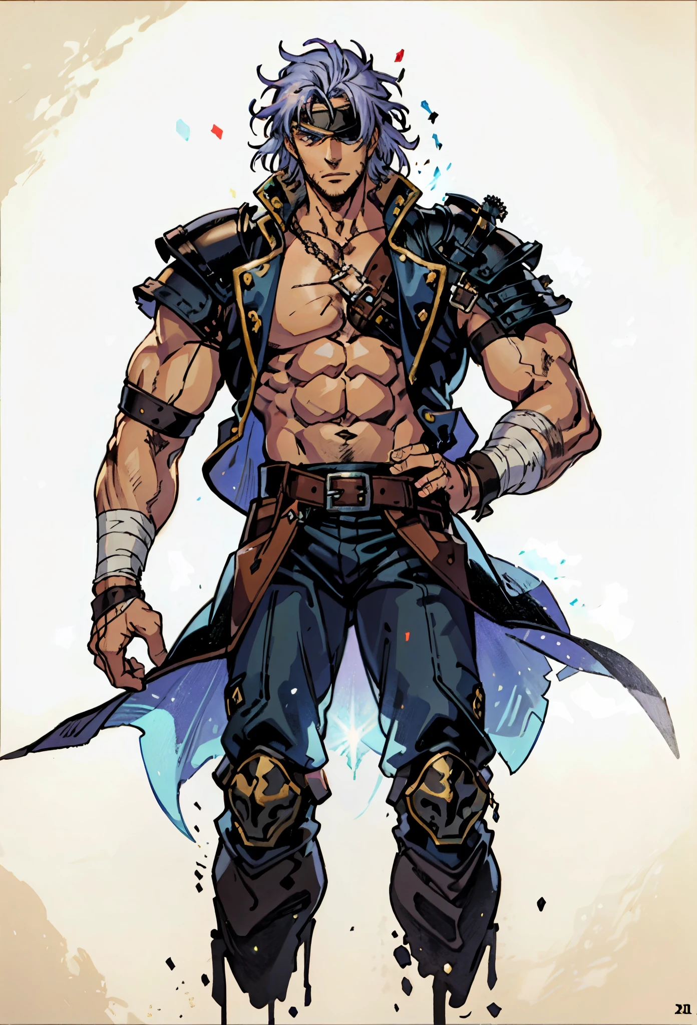 A man with medium-length fluffy lavender-blue hair parted in the middle, his upper face obscured by bandage eye patch, gazes intensely with deep-set eyes, a square face, a wild expression, a sturdy physique, clad in a fantasy-style wild sleeveless coat with leather light armor, a gemstone belt cinches his waist, he wears wrist guards, cargo pants, one hand on his hip gripping the belt, the backdrop of a desolate island where countless black birds soar, this character embodies a finely crafted fantasy pirate-style overlord in anime style, exquisite and mature manga art style, high definition, best quality, highres, ultra-detailed, ultra-fine painting, extremely delicate, professional, perfect body proportions, golden ratio, anatomically correct, symmetrical face, extremely detailed eyes and face, high quality eyes, creativity, RAW photo, UHD, 32k, Natural light, cinematic lighting, masterpiece-anatomy-perfect, masterpiece:1.5