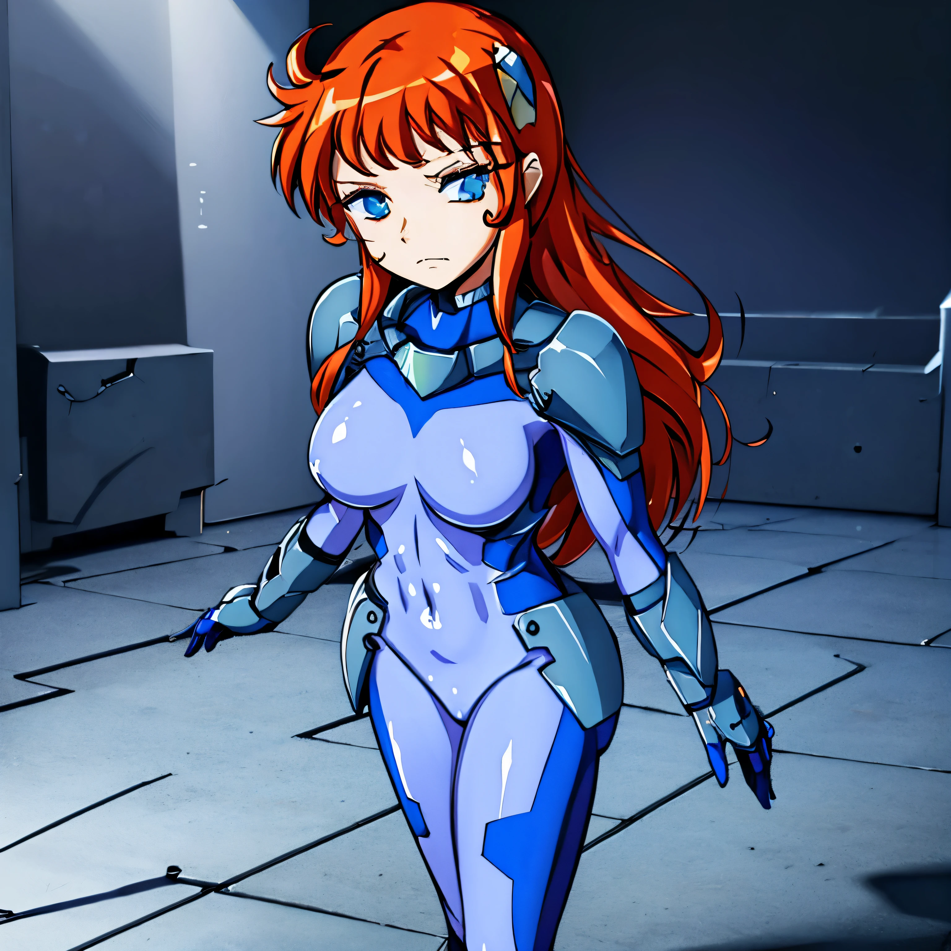 ultra-detailed, Explicit, Beautiful body, Beautiful Nose, Beautiful character design, perfect eyes, perfect face, ultra highres, 4K, beautiful legs, perfect legs, Nice hands, Perfect hand, Masterpiece, Best Quality, Highly detailed, illustration, absurdres, perfect anatomy,  expressionless, blank eyes, emotionless,corruption, mind control, female combatant, full body, hypnotized, unhappy trance, full body suit, ribbed bodysuit, both arms at side, obey, perfect female body, looking at viewer,  hypnosis, hypnoLora, empty eyes, Mind control device, poses, submissive_pose, Slave, standing straight, standing, Fighting Stance, standing at attention, numbersuit, two-tone bodysuit:0.9, blue bodysuit:0.9, light blue bodysuit:0.9, 1girl, solo, hair ornaments, megu, long hair, red hair, medium breast, blue eyes, flower hair