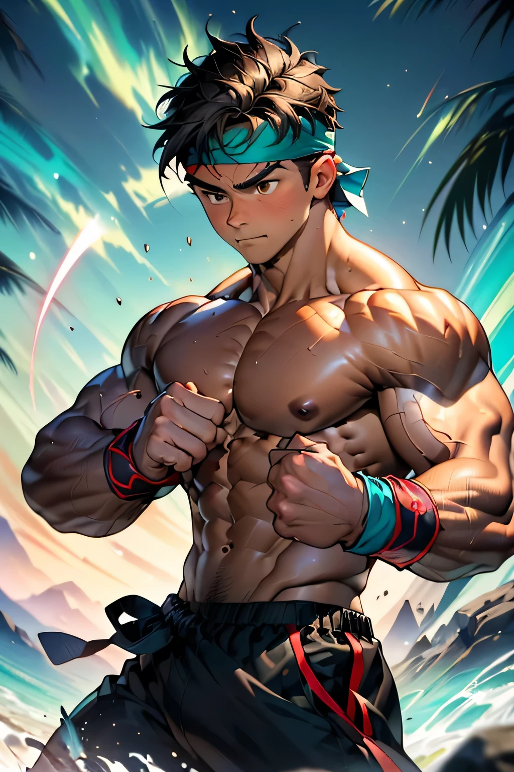 (Masterpiece, Best quality 19 year old boy, simple background, cowboy shot), solo, Young, boy, muscler, Shirtless, topless, (Dark Short straight hair, under cut, brown eyes), (red headband, ((black wristband))), Vivid colors, (hot Abs:1.2, abs!, big abs, big breast:1.2, chest!, muscler upper arms, clenched fist), (topless male), muscler!, muscler body, Man with martial arts stance, (aura power:1.4), detailed face, detailed muscle, (((A magical turquoise mystical aura, random fighting pose, powerful, action, rippling muscles, fighting with great fury against enemy, concentrate)))