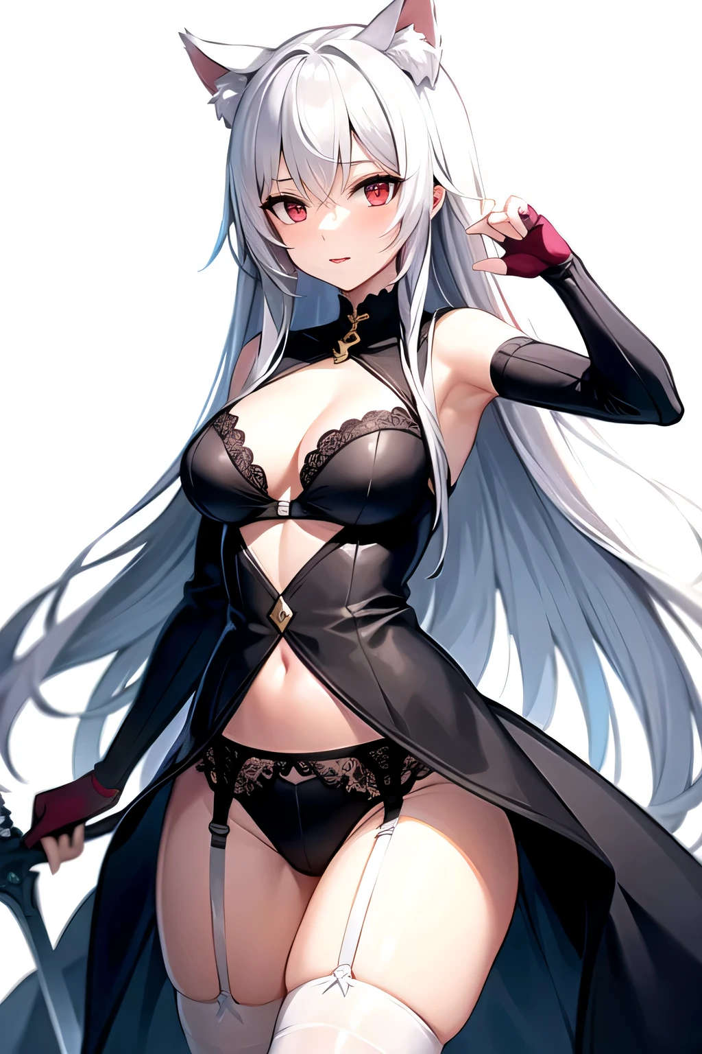 White hair, long hair, cat ears, sexy hero, garter belt, sword in one hand, red eyes, female portrait, white background