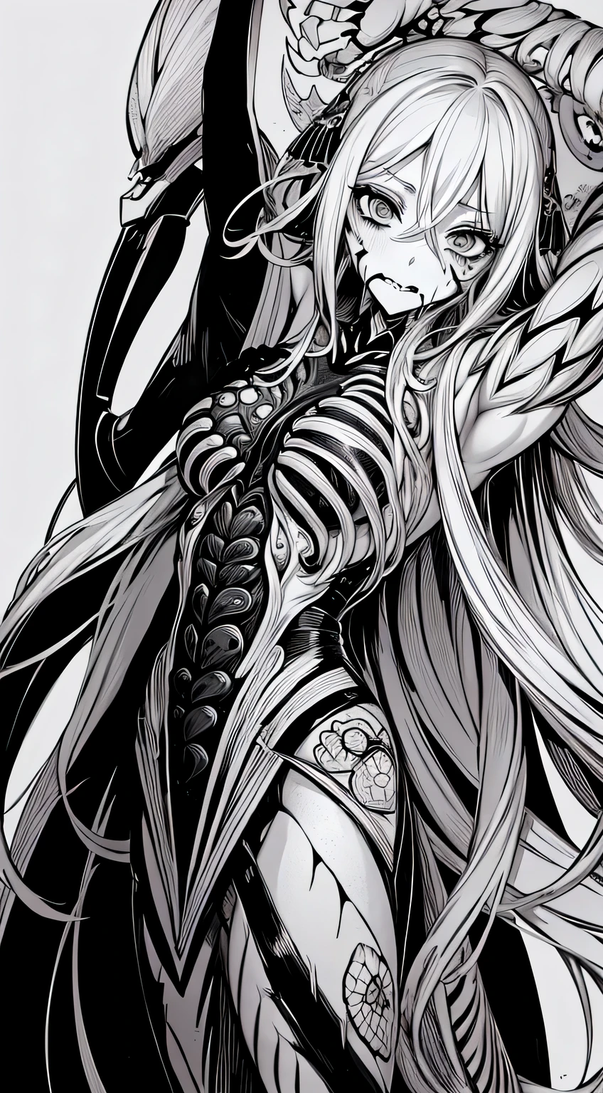 Anime line drawing, line art, black and white, (body horror: 1.4), (biology: 1.3), Female Skull Crusher, (bloody: 1.2), Live, (Zentangle: 1.2)