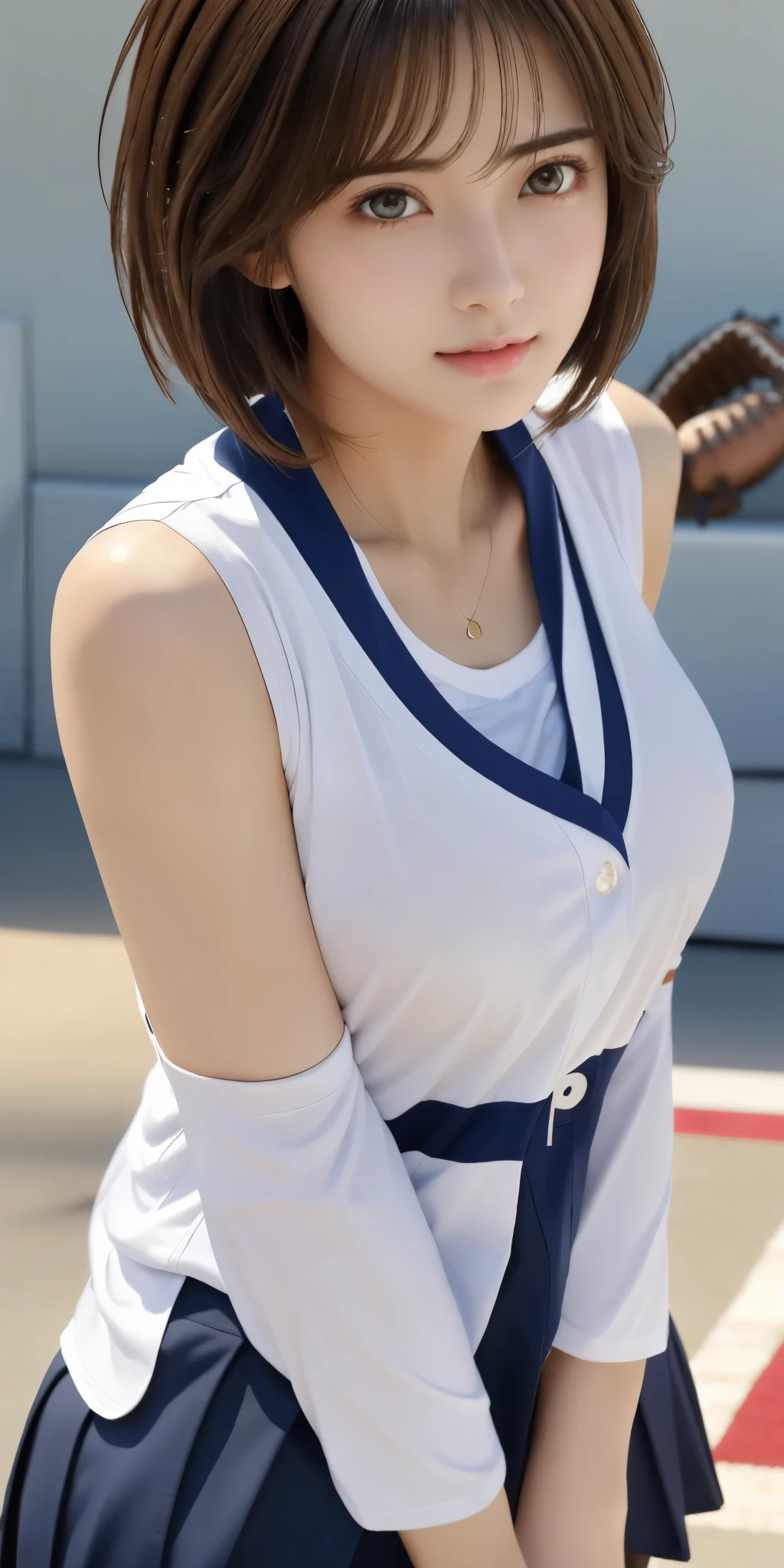 NSFW、16k、Photoreal、highest quality、masterpiece、ultra high resolution、Raw photo、realistic、bright lighting、face light、smooth professional lighting、looking at camera、alone、adult woman、Beautiful woman、super beautiful woman、realistic肌、moist skin、Realistic eyes and faces、Perfect model body style、beautiful eyes、Big eyes、Inconspicuous tear bags、slim、medium big breasts、No bra、My nipples are pushing up my shirt、camel toe、very short hair、black hair、black eye、looks fun、beautiful hip line、Upper body including the top of the head、pretty fingers、(((baseball)))、(((baseballの制服)))、(((baseballのユニフォーム)))、baseball場、