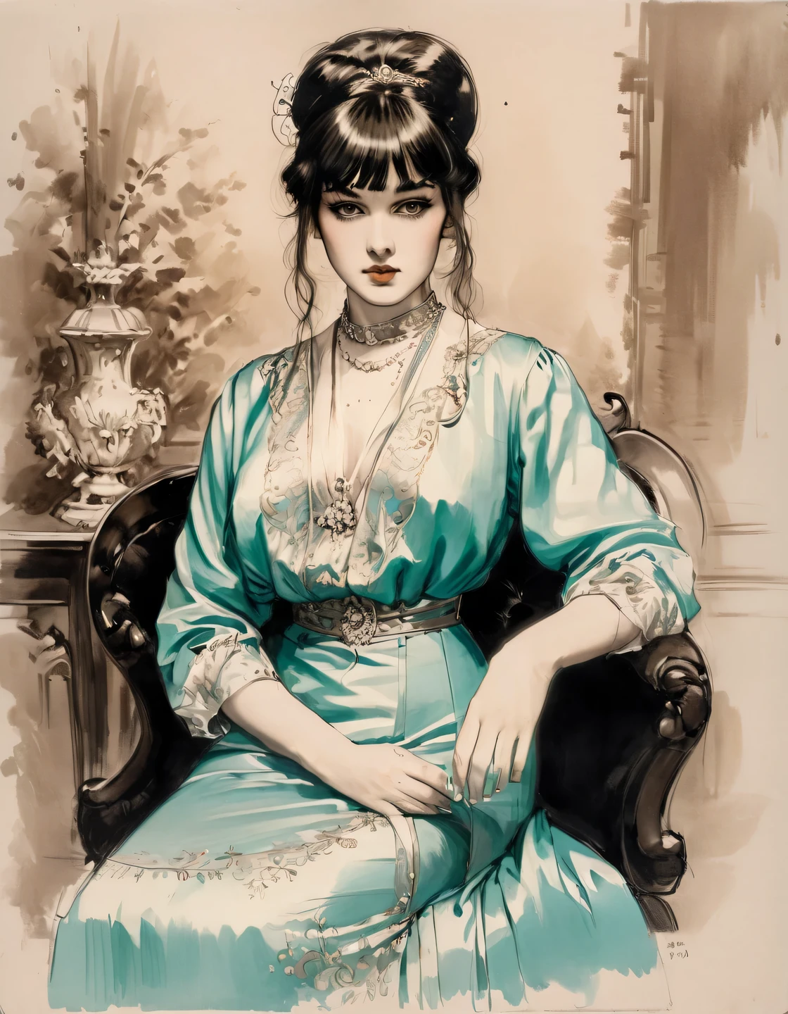 (thick and bold) ink sketch technique on sensual illustration of an elegant queen (((medium hair with bangs:1.4、Beautiful bangs) , vintage ,silky dress, matte painting, by John Singer Sargent, by Harumi Hironaka, extremely soft colors, dark fashion , Tiffany pastel, highly detailed, digital artwork, high contrast, dramatic, refined, tonal, an intimate, seductive studio setting with a focus on sensuality and romance. Utilize soft, warm lighting that bathes the space in a gentle, inviting glow. Incorporate luxurious fabrics, plush furnishings, and a touch of decadence to evoke an opulent ambiance. The scene should exude an air of serenity and anticipation, inviting the viewer into a sensual and romantic space