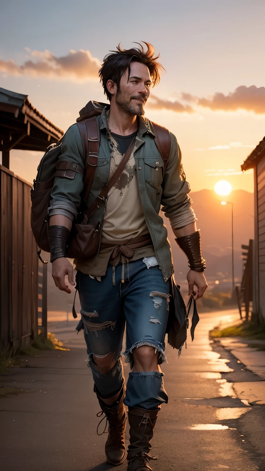 A brave warrior about to embark on an adventure ,smile,adult man,tattered clothes、It has an aura of power、Walking towards the sunset