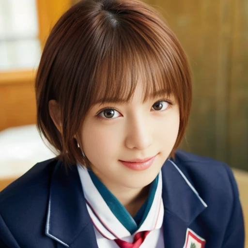 "(best quality, high resolution, tabletop, wallpaper, (realistic:1.25), bright lighting, professional lighting, face light, smooth lighting, Japanese girl, adult, beautiful girl, action, gravure, sexy, slender, incredibly beautiful, very beautiful detailed eyes, detailed face, slim, (very short fluffy hair:1.0), (red hair color:1.2), clear eyes, look into the camera, (ecstasy, orgasm, erotic:1.0), close-up of the face, smile,(Junior High School uniform:1.5))"