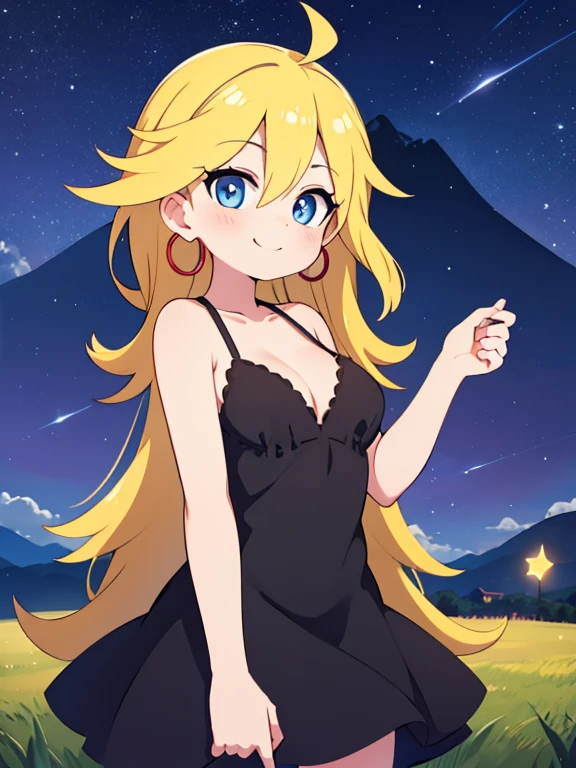 masterpiece, best quality, psgpanty, black dress, sleeveless, hoop earrings, bare shoulders, cleavage, night sky, shooting stars, hills and mountains, smile, blue eyes, standing on the railin