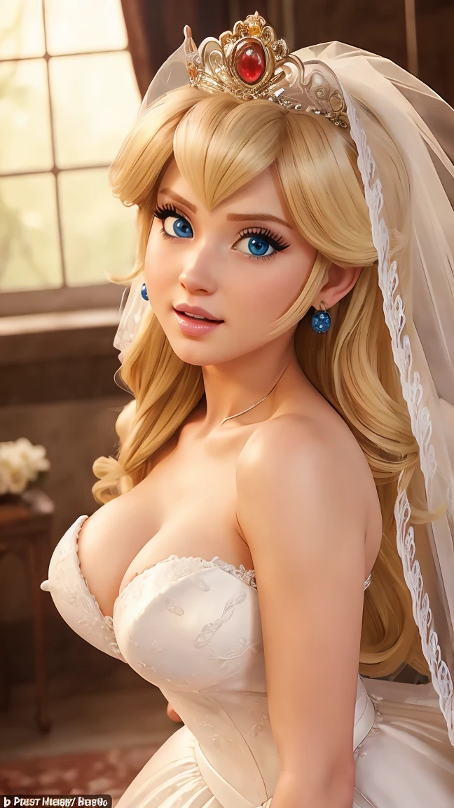 ((masterpiece)), ((best quality)), (detailed), perfect, solo, peach, gorgeous woman with wedding dress, bridal veil on the head, luscious lips, long hair, huge breast, deep cleavage, huge breasts, sexy,