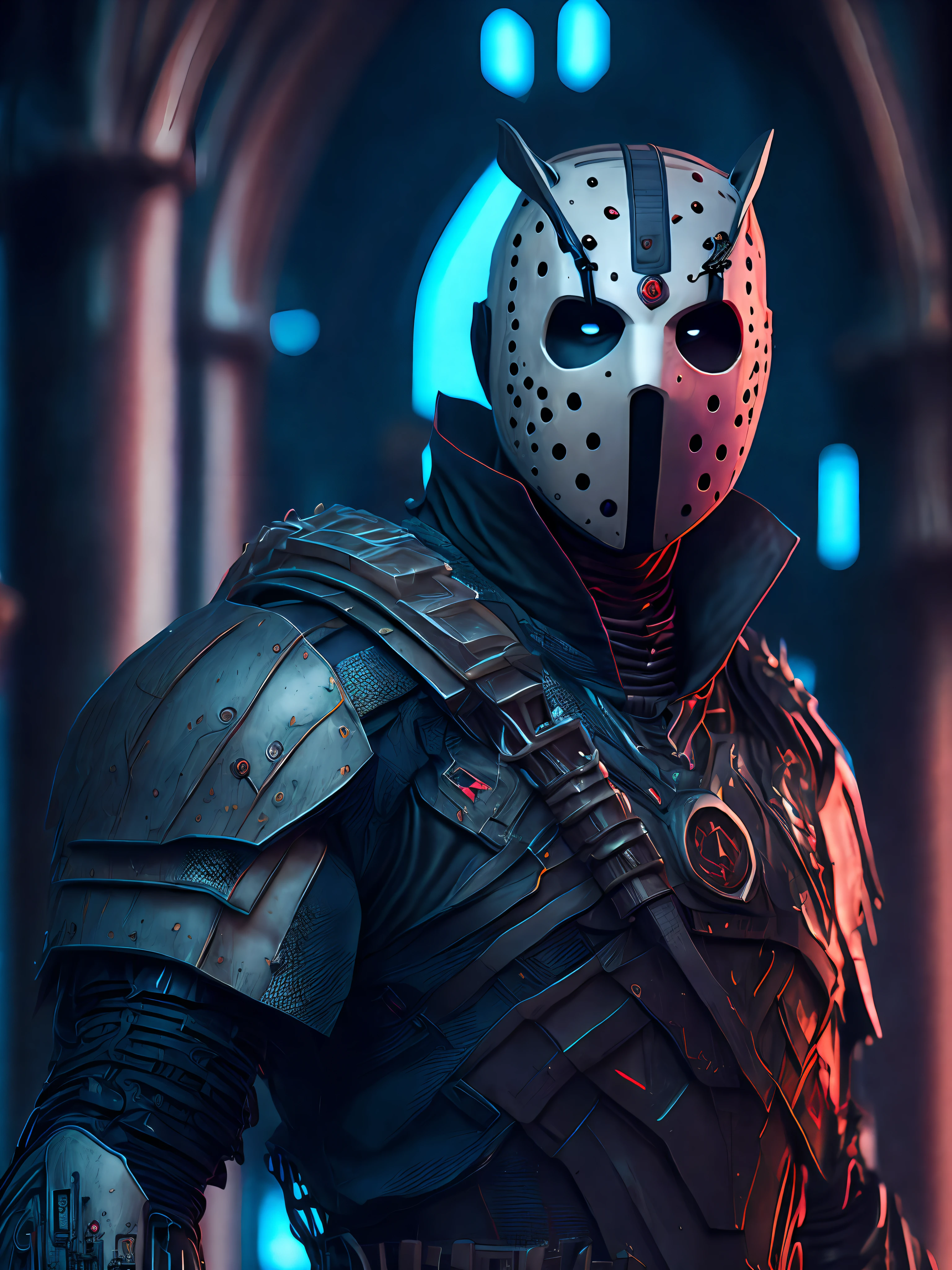 retrato, Jason Voorhees de Tempestade Selvagem, Biomechanics, complex robot, crescimento total, hiperrealista, pequenos detalhes insanos, linhas extremamente limpas, Ciberpunk aesthetic, obra-prima revelada no Zbrush Central, brutalist gothic cathedral, Ciberpunk, foto premiada, Bokeh, luzes de neon, cyber member