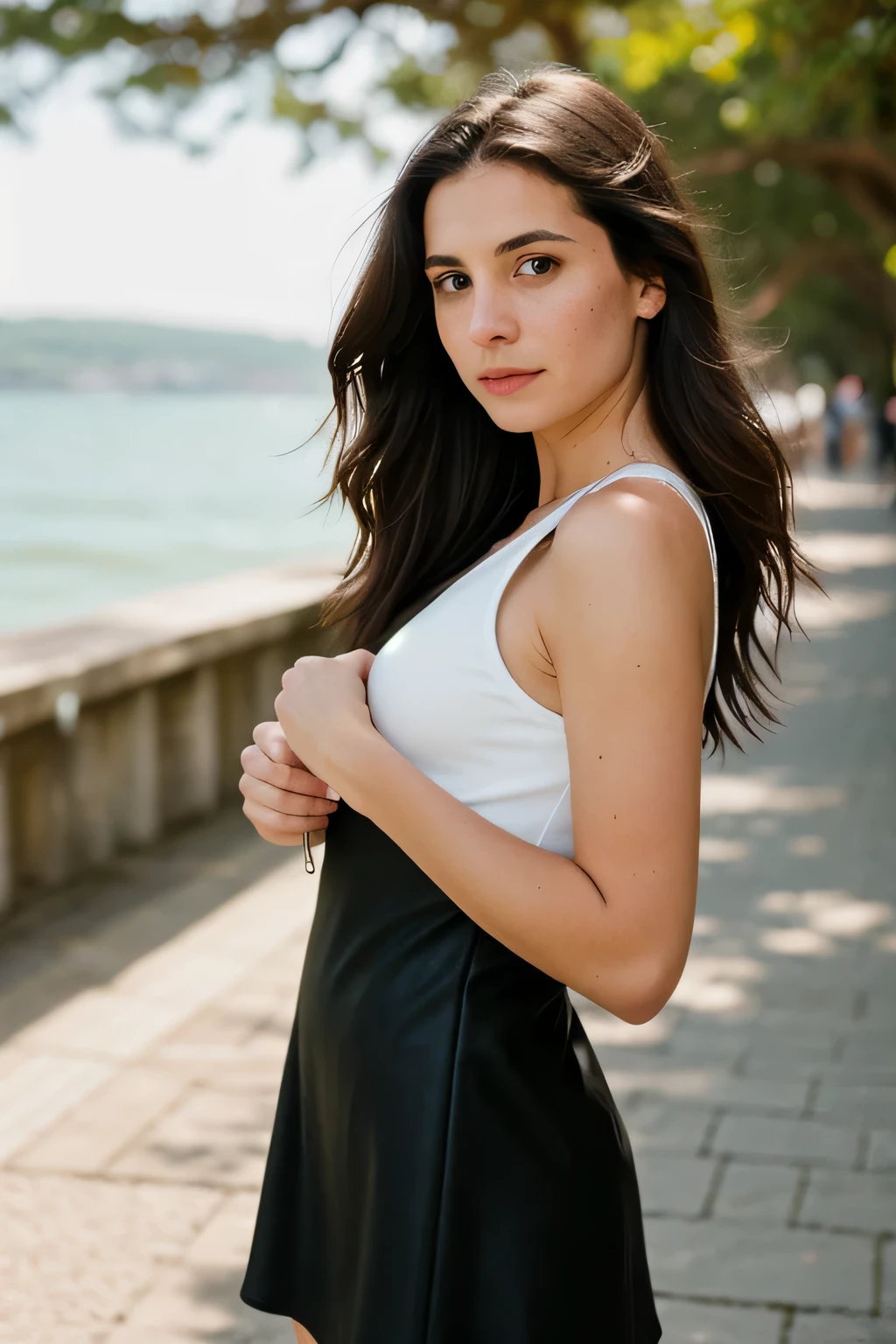 photograph of a woman, (tense facial expression), super textured leather, goosebumps, dark brown wavy hair slightly below the shoulders, small nose ring, very few freckles, knee-length, sleeveless, tight textile black dress, in white sneakers, several views, Beach, embankment, Perfect eyes, (Soft lighting), Holder for 160 flowers, shot with Leica T, Boke, sharp focus on the subject, photograph of Candida Hoefer