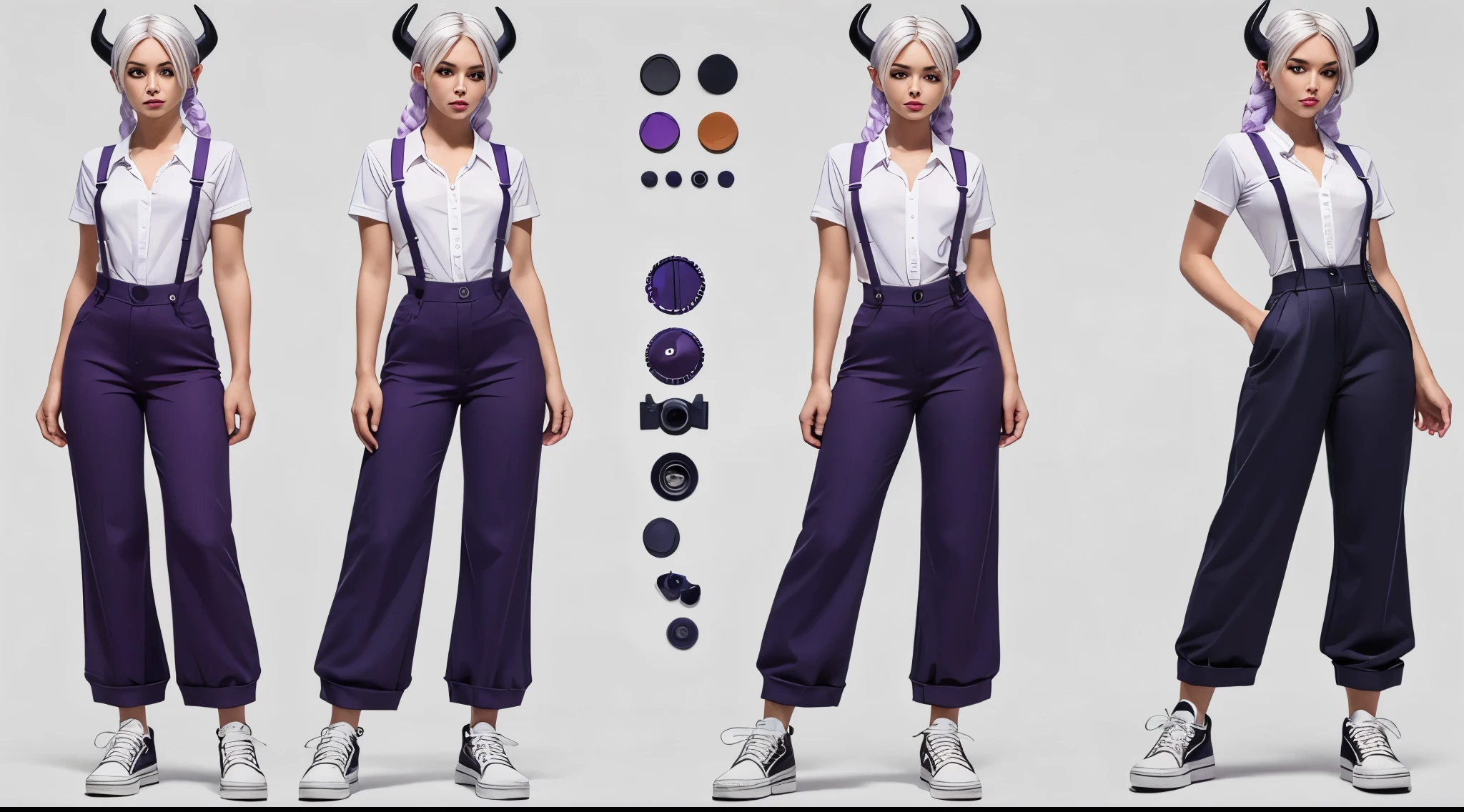 (Masterpiece, best quality), detailed, character sheet, many items (the same person, shirt, pants, lowered suspenders, , white sneakers, many parts), demon, narrow hips, demon girl, detailed beautiful purple eyes, detailed face, white hair and white skin, braided ponytail, demon horns, full of details.