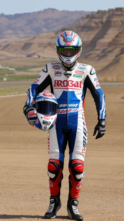 He is wearing motogp suit standing on rock