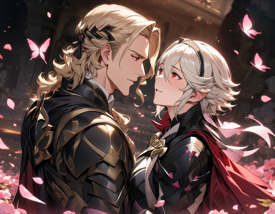 absurdres, highres, ultra detailed, HDR, master piece, best quality, Corrin, short White hair, hair between the eyes, Fire emblem fates, Xander, blond hair, 2men together, gay couple, extremely handsome, expressive red eyes, pink petals, pink butterflies, pink flowers, black armor, red cape, black cape