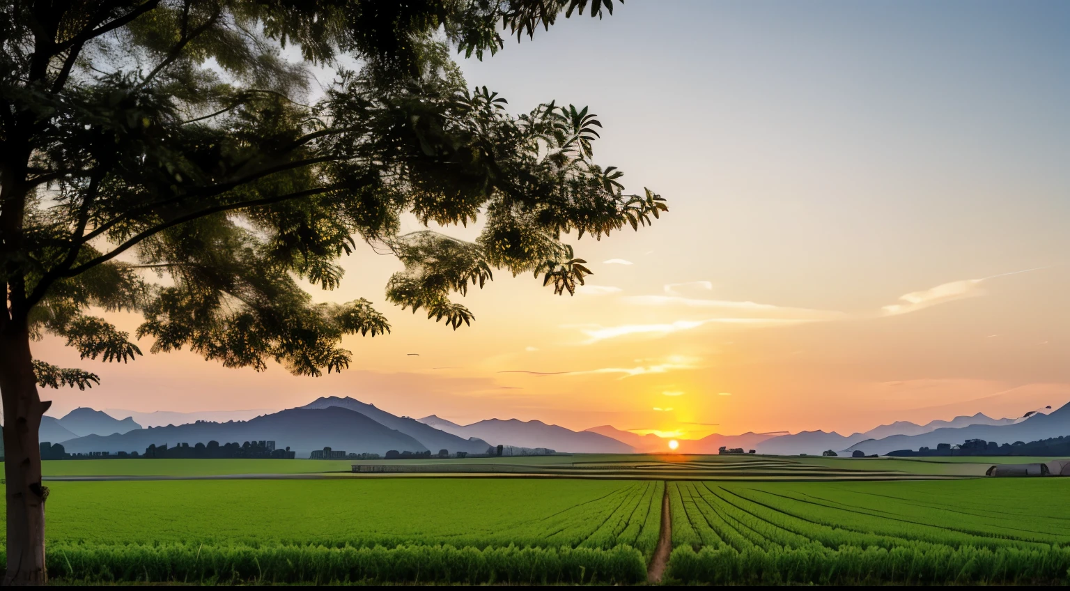 The fields in my hometown are full of various crops.,The field road winds into the distance,Several farmers are farming,Showing a beautiful picture of hard work leading to wealth。The mountains in the distance loom,In the afterglow of the sunset, it looks particularly charming。A breeze blew by,Bring a touch of refreshmeneems that nature is providing some comfort to the farmers for their hard work.。May the hardworking farmers,Harvest season after season,Spread this hard work on the beautiful fields。