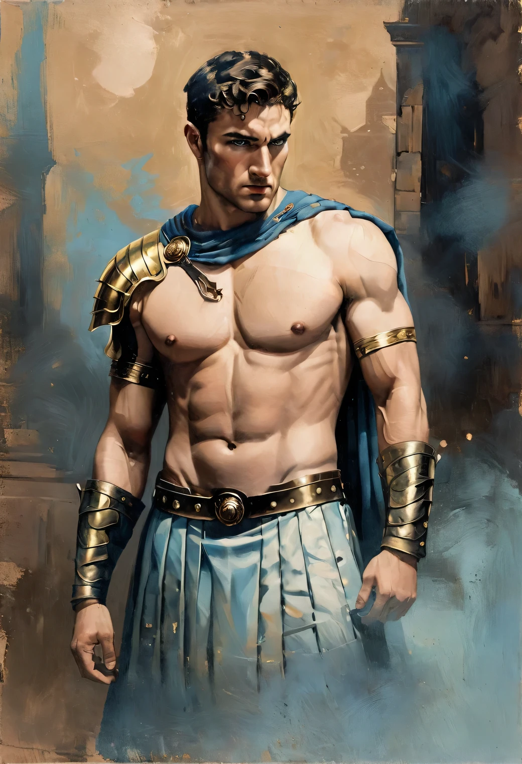 chiaroscuro technique on sensual illustration of an masculine, 26-year-old Italian male model, handsome Roman, he is the god of war, he is Ares, Mars, evil-looking, strong look, light blue eyes, strong jawline, dressed as a gladiator, ancient gladiator, male gladiator skirt, matte painting, by Harumi Hironaka, extremely soft colors, vibrant, pastel, highly detailed, digital artwork, high contrast, golden dramatic, refined, tonal, an intimate, seductive studio setting with a focus on sensuality and romance. Utilize soft, warm lighting that bathes the space in a gentle, inviting glow. Incorporate luxurious fabrics, plush furnishings, and a touch of decadence to evoke an opulent ambiance. The scene should exude an air of serenity and anticipation, inviting the viewer into a sensual and romantic space