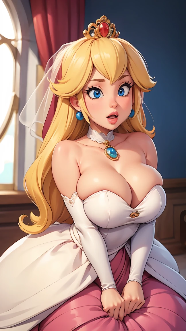 ((masterpiece)), ((best quality)), (detailed), perfect, solo, peach, gorgeous woman with wedding dress, bridal veil on the head, luscious lips, long hair, huge breast, deep cleavage, huge breasts, sexy,