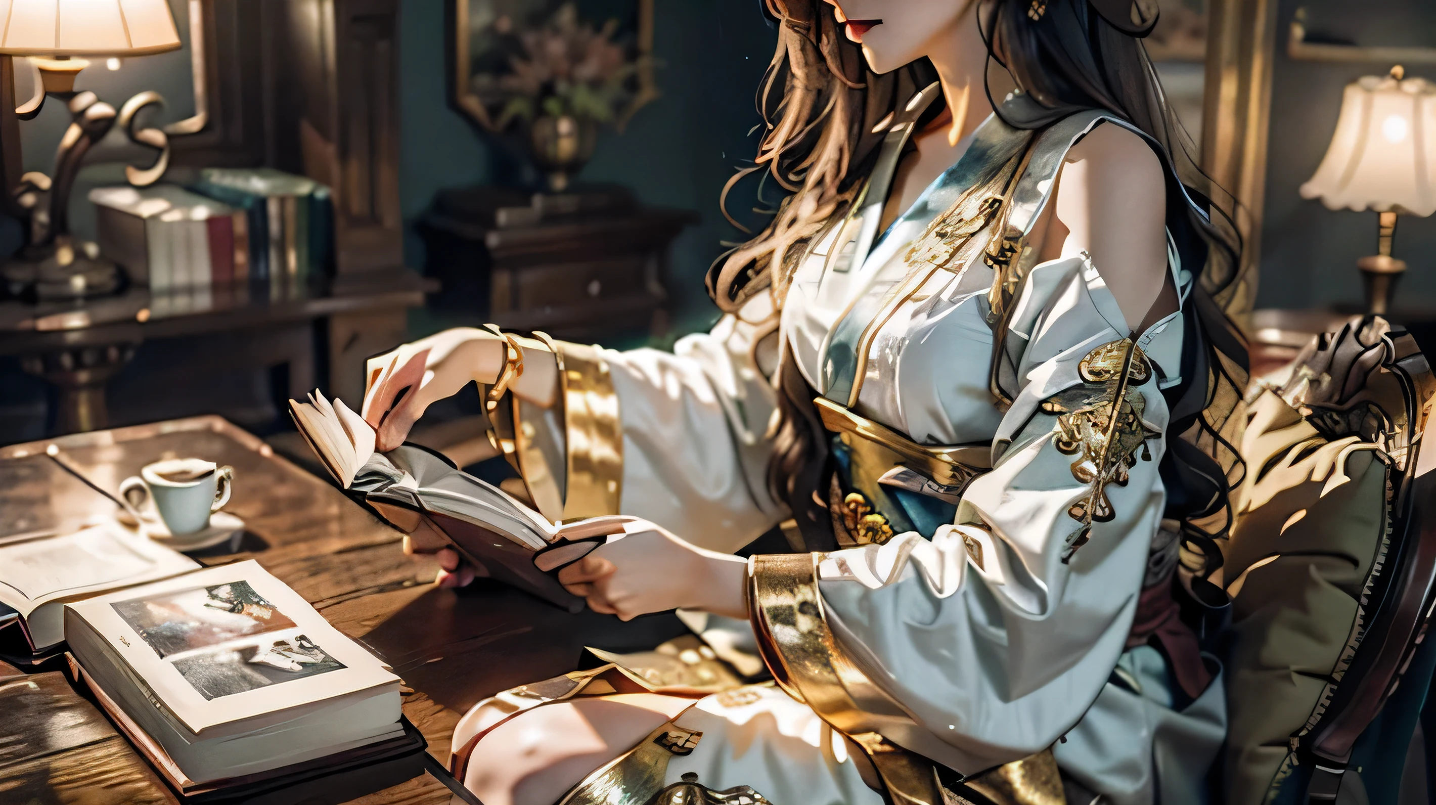 excellent quality, masterpiece, High resolution, (exquisite body: 1.5), beauty, bare shoulders, oversized breasts (2.5) ,thin waist, Stunning beauty, (milky white skin: 1.3), exquisite details, High resolution, wallpaper, 1 female, alone, dress, Hair accessories, (((Golden purple skirt)), flower, long hair, brown hair, shut up, accessories, long sleeve, Raise your hand, wide sleeve, Big eyes, flowing hair, Hanfu, Hanfu, embroidery, Long dress, natural pose, Falling flower petals, indoor, stir up, lanthanum, 16k, HDR, High resolution, Depth of the bounds written, (film grain: 1.1), Beaucon, prime time, (Lens flare), vignetting, rainbow, (color grading: 1.5),reading a book,There is a Western teapot on the desk.,sitting in a chair reading a book,profile,holding a book,The gaze is on the book,Turning the pages