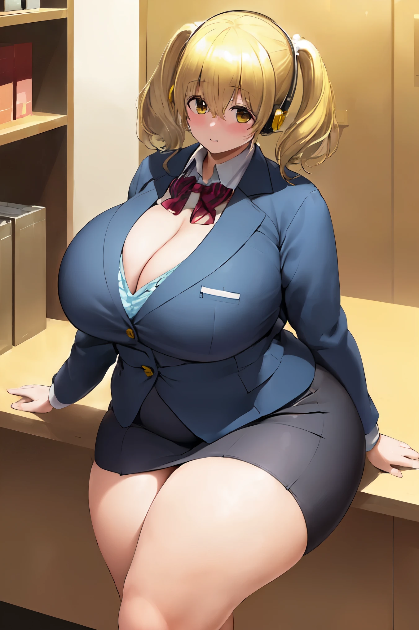 masterpiece, best_quality, 1girl, solo, super pochaco, blonde hair, plump, huge breasts, thick thighs, office suit, (cleavage:1.3), skirt