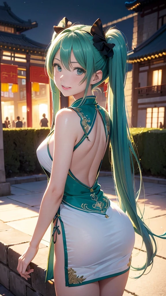 Super detailed, NSFW, masterpiece, High resolution, Photorealistic digital art, perfect lighting, (((1 girl, perfect anatomy))), accurate right hand, accurate left hand, five fingers, perfect style, hatsune miku, 3d face, big light blue-green eyes, glossy lips, blue-green long hair, shiny skin, smile, (((twin tails))), big square hair accessories, city, night, (((China dress))), open mouth smile, blush, surprised face, ((turn around and look back)), Reflecting the buttocks, outdoor,