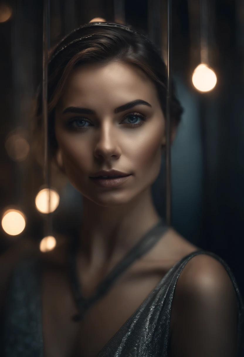 A beautiful girl made of Chromed stainless steel with steel rods, painkiller,portrait, three quarter wiew, masterpiece, 8k resolution, abstract art,digital art