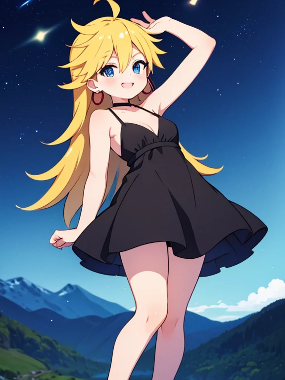 masterpiece, best quality, psgpanty, black dress, sleeveless, hoop earrings, bare shoulders, cleavage, night sky, shooting stars, hills and mountains, smile, blue eyes, standing on the railin
