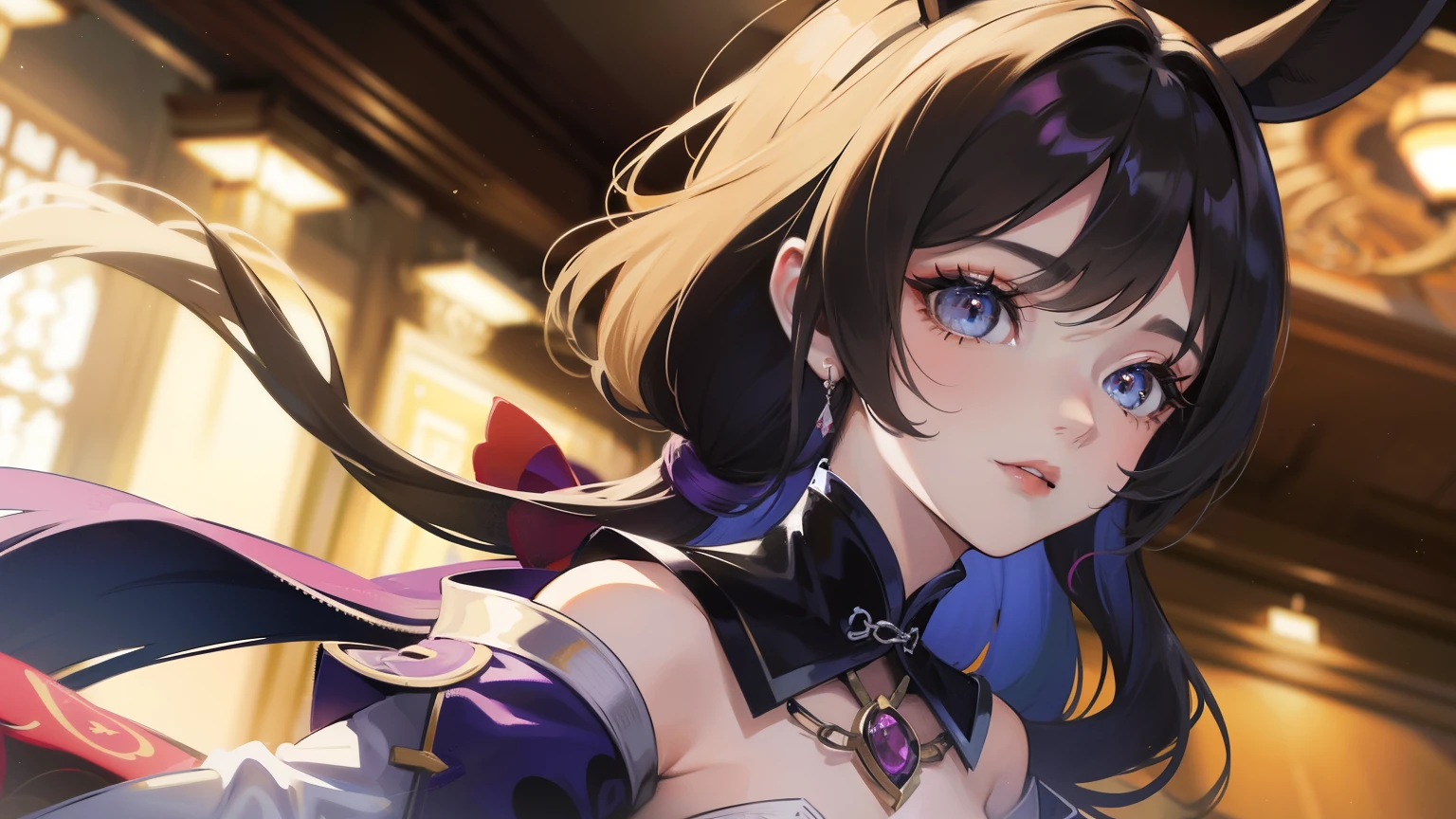 wallpaper genshin impact, (Obra-prima, qualidade superior, melhor qualidade, arte oficial, Beauty and Aesthetics: 1.2), (cor plana: 1.3), muito detalhado, rosto e olhos detalhados, cinematic light, sfw, anime, profundidade de campo, 1 , Seduction Smile, solo, oficial, cabelo castanho, orelhas de raposa, rabo de cavalo, hair accessories, olhos verdes, sombra de olhos vermelhos, joias, mangas divididas, seios grandes, vestido, cauda, pulseira, uma cauda, boca ligeiramente aberta, Gray Chinese style background, Bling, ouvindo saco de dinheiro