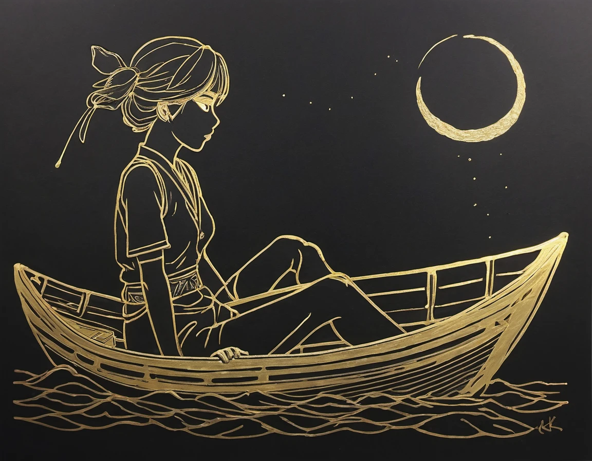 A careless sketch with a gold paint marker in one line, on black paper. Kiriko is a boatwoman from the anime "Boy and Bird" by Hayao Miyazaki.  High Resolution, High Quality, Masterpiece