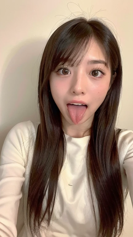 Japanese woman beautiful girl baby face top quality realistic skin eyes are in focus 20 years old stick out tongue focus on mouth open mouth long tongue saliva open mouth wide see inside of mouth open mouth and stick out tongue