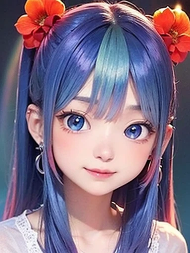 background is sky、small face、 (alone:1.5,)Super detailed,bright colors, very beautiful detailed anime face and eyes, look straight,  shiny_skin,girl, (((rainbow colored hair, colorful hair, Half blue、half red hair: 1.2))), 、shiny hair, delicate beautiful face, blush、Glasses、(turquoise eyes), , Valletta, earrings,、flower garden、sunset、(（(Translucent shirt)))、（twin tails）、（smile、happy face、face dyed red）、cheerful pose、dynamic、Upper body