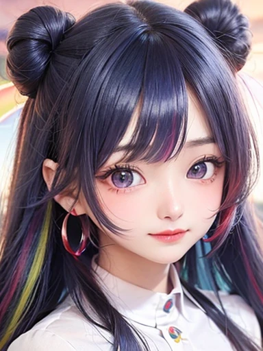 background is sky、small face、 (alone:1.5,)Super detailed,bright colors, very beautiful detailed anime face and eyes, look straight, shiny_skin,girl, (((rainbow colored hair, colorful hair, Half blue、half red hair: 1.2))), 、shiny hair, delicate beautiful face, blush、Glasses、(turquoise eyes), , Valletta, earrings,、flower garden、sunset、(((Translucent shirt)))、(twin tails)、(smile、happy face、face dyed red)、cheerful pose、dynamic、Upper body