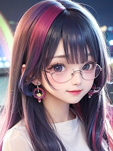 background is sky、small face、 (alone:1.5,)Super detailed,bright colors, very beautiful detailed anime face and eyes, look straight, shiny_skin,girl, (((rainbow colored hair, colorful hair, Half blue、half red hair: 1.2))), 、shiny hair, delicate beautiful face, blush、Glasses、(turquoise eyes), , Valletta, earrings,、flower garden、sunset、(((Translucent shirt)))、(twin tails)、(smile、happy face、face dyed red)、cheerful pose、dynamic、Upper body
