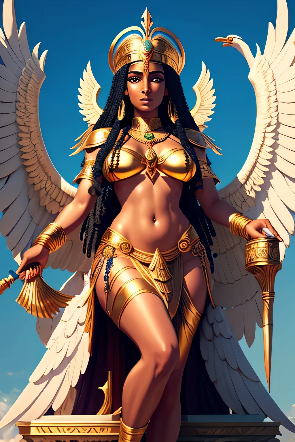 A full body of the beautiful blonde goddess Isis, with long hair, she floats about five meters above the surface and looks down on her subjects, her headdress and jewelry glimmering in the moonlight, dressed only in small short Egyptian traditional clothes, stands, looking at the camera, atop a futuristic pyramid looking down at her many worshipers who stand on the streets among the Egyptian futuristic buildings watching her.