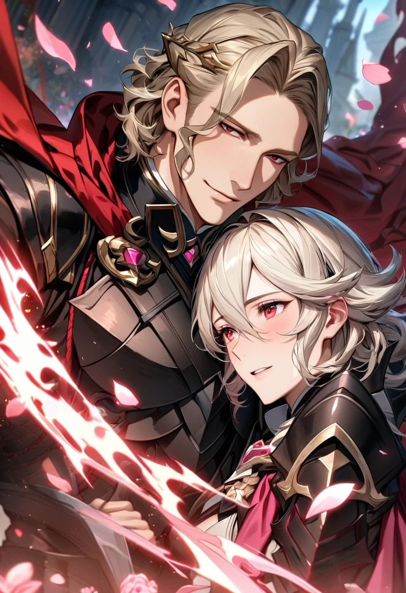 absurdres, highres, ultra detailed, HDR, master piece, best quality, Asmodeus Alice, pink hair, expressive red eyes, Mairimashita! Iruma-kun, sexy man, handsome, demon, slightly pointy ears, white shirt, white cape, toned chest, magical, fantasy, red background, red roses, shining, red petals, red glittering fireflies, fire