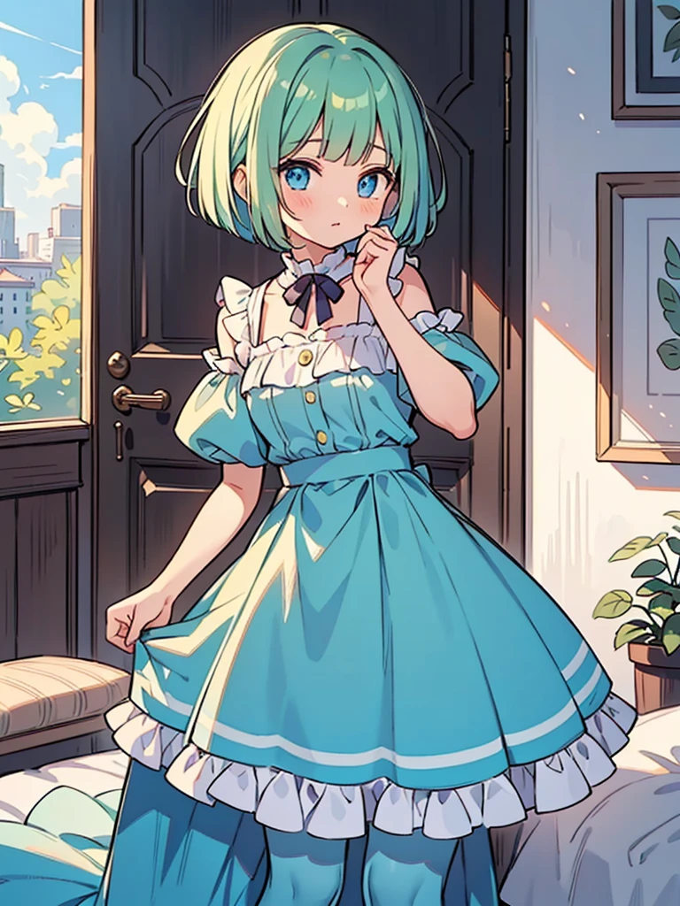 masterpiece, beautiful illustrations, highest quality, pretty girl, 1girl, Bedroom, pastel colour, frilled dress, (Spring Green bob cut), bright lighting, sky-blue eyes