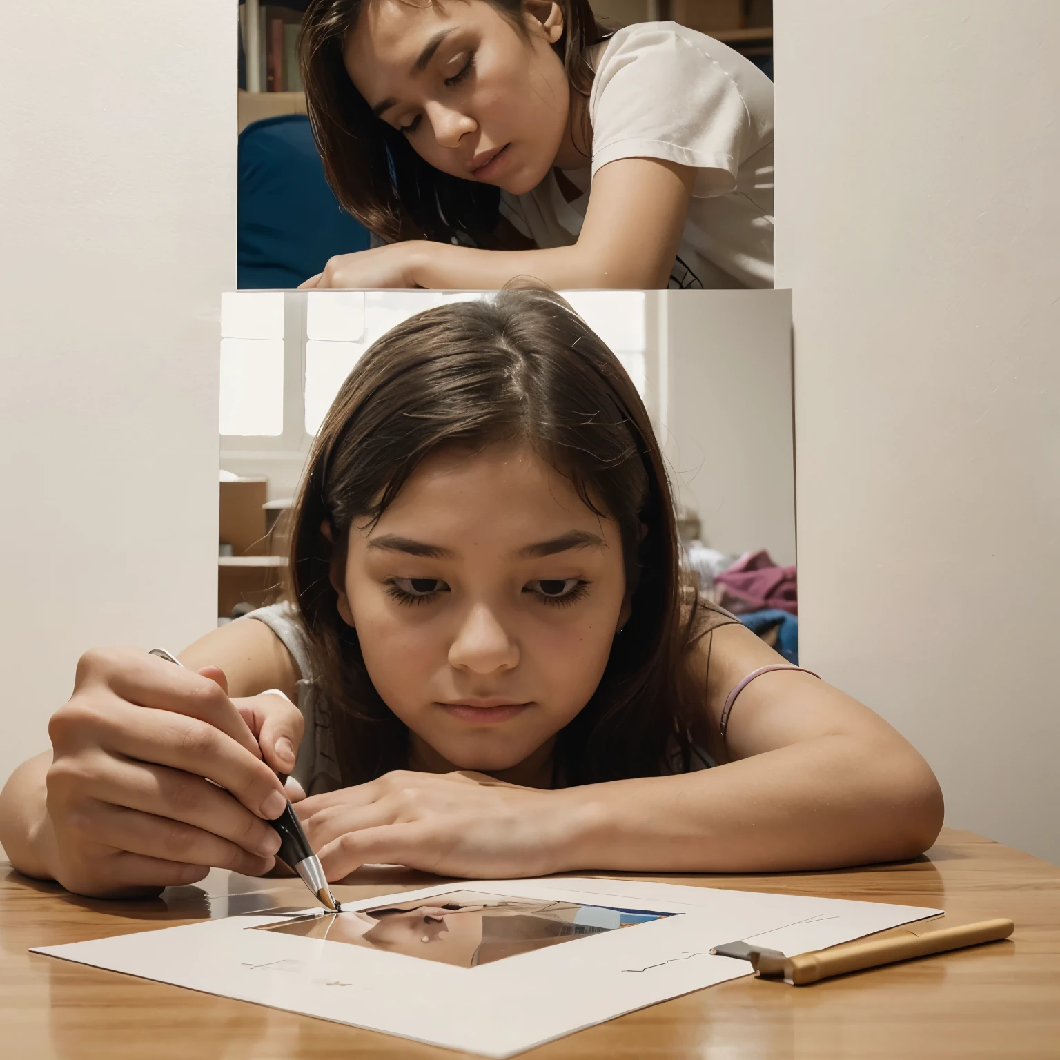 girl 23 year old teaching art to a boy 6 year old inside a house is large modern, luxurious, and located in an exclusive area. It is owned by wealthy people and is a symbol of their social status and wealth.