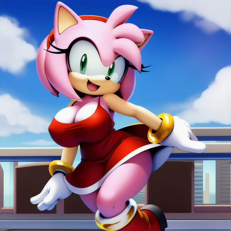 (masterpiece best quality:1.2), amy rose, 1girl, looking at viewer, smile, short hair, open mouth, gloves, dress, full body, hairband, boots, sleeveless, skin tone arms, white gloves, sleeveless dress, red dress, happy, red footwear, furry, furry female, red hairband, animal nose, solo, sonic the hedgehog \(series\), green eyes, animal ears, pink hair, pink fur, white stripped boots, perfect anatomy, outside, city, day time, blue sky, clouds, detailed background, detailed, perfect hands, 5 fingers, gigantic breasts, wide hips