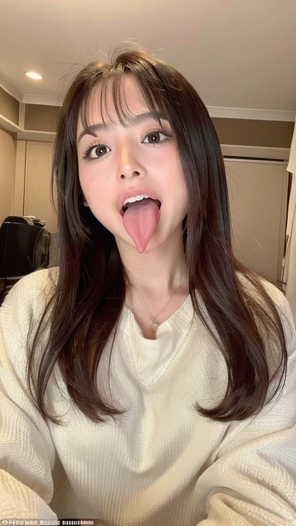 Japanese woman beautiful girl baby face top quality realistic skin eyes are in focus 20 years old stick out tongue focus on mouth open mouth long tongue saliva open mouth wide see inside of mouth open mouth and stick out tongue