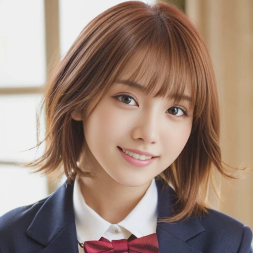 "(best quality, high resolution, tabletop, wallpaper, (realistic:1.25), bright lighting, professional lighting, face light, smooth lighting, Japanese girl, adult, beautiful girl, action, gravure, sexy, slender, incredibly beautiful, very beautiful detailed eyes, detailed face, slim, (very short fluffy hair:1.0), (red hair color:1.2), clear eyes, look into the camera, (ecstasy, orgasm, erotic:1.0), close-up of the face, smile,(Junior High School uniform:1.5))"