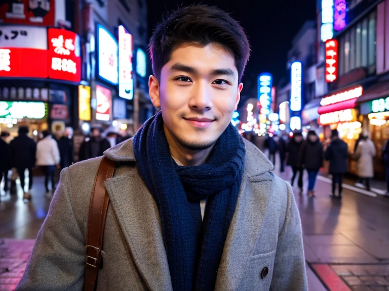 Realism, 8K full body portrait, a handsome guy, 20 year old man,Street background of Dotonbori Shinsaibashi in Osaka. charming expression, Detailed facial details, Tokyo eight cities, Winters, Shibuya background