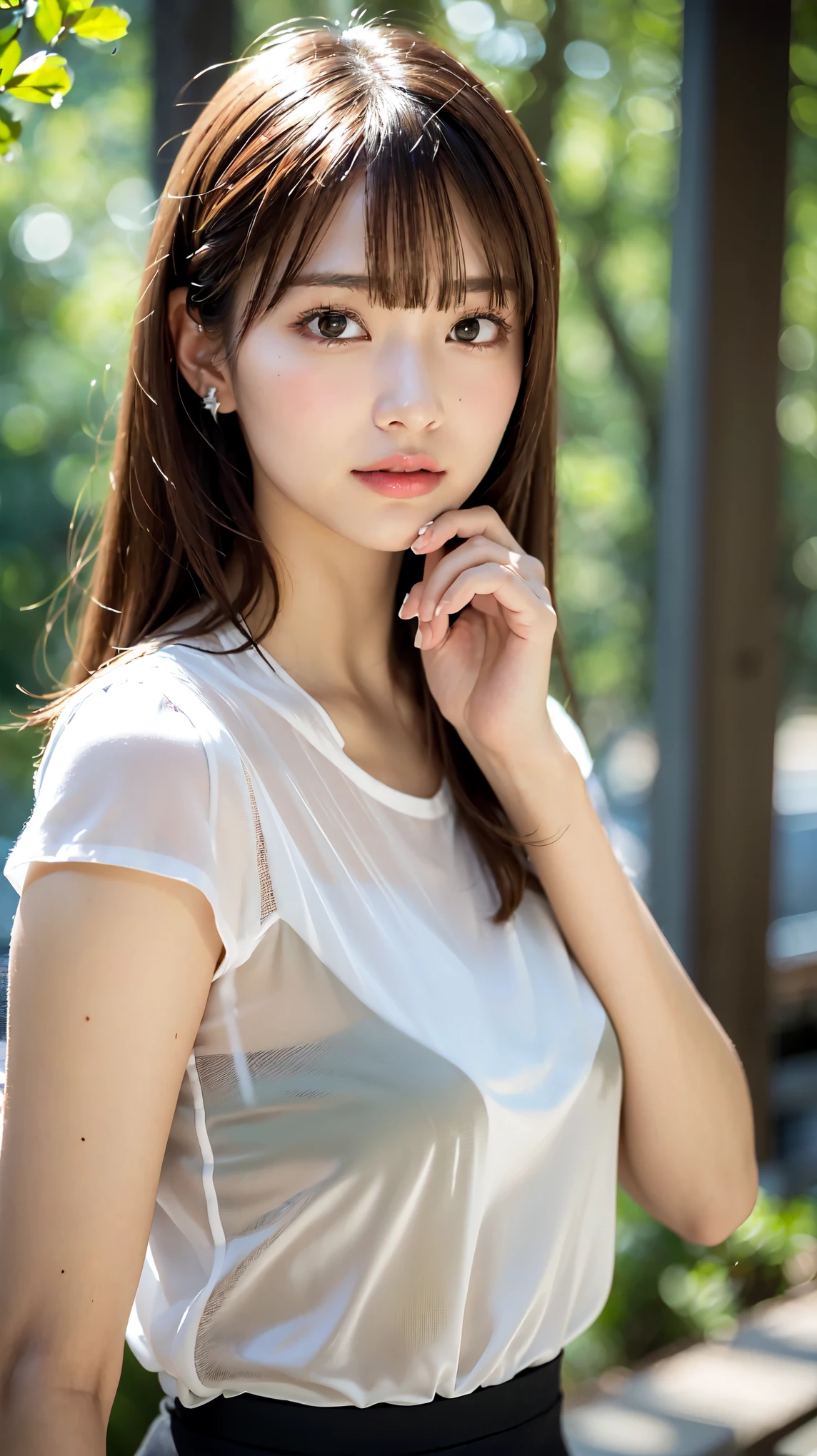 1 female, close up of face, Medium chest, light brown hair, dull bangs, hair behind the ear, shoulder hair, long hair, slender body shape, Extra-fine face, thin face, delicate lips, beautiful eyes, light blush, eyes are light brown, perfect shiny skin, perfect skin, Shining sweat,take a look here, ultra thin hands, extra thin fingers, Optimal ratio of 4 fingers and 1 thumb, (realistic:1.3), finger extension, see-through white blouse. broad-leaved forest, one person'point of view, fujifilm, f/1.2, 8K, table top, nffsw, Super detailed, high quality, 最high quality, High resolution,